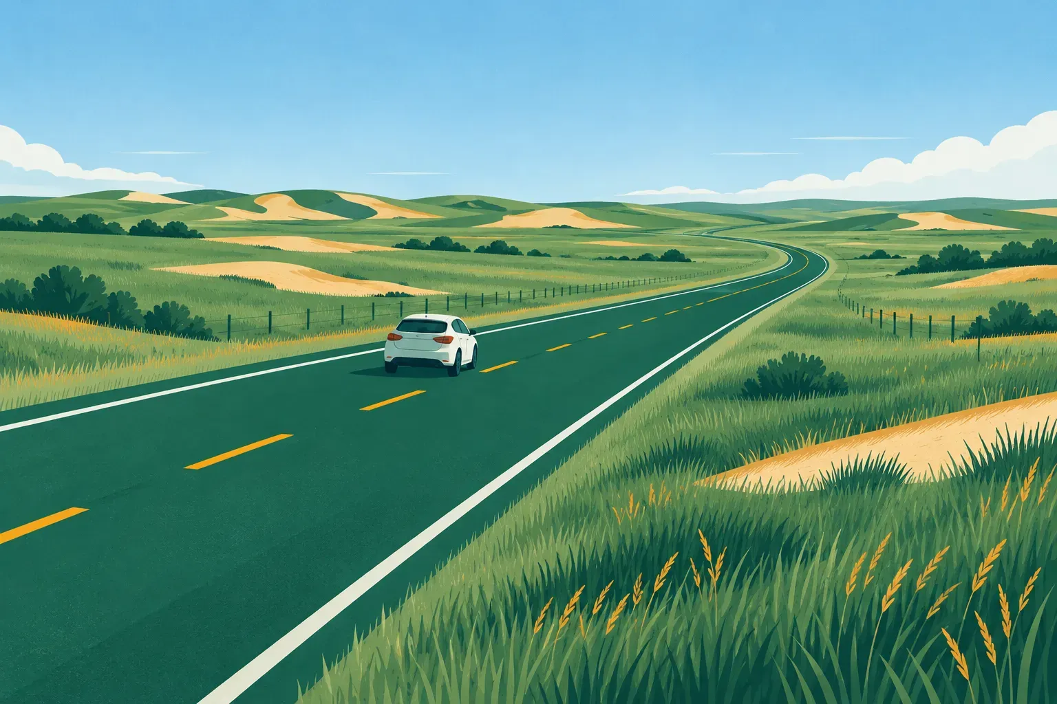 A highway through grassy plains and sand hills, a typical landscape of Nebraska